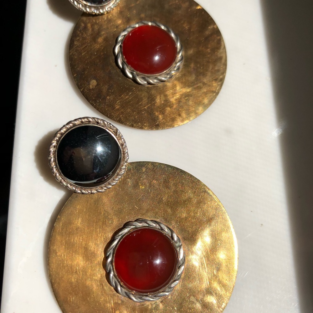 Pierced brass and stone earrings